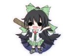  arm_cannon black_hair black_wings bow cape chibi fang futase_hijiri hair_bow long_hair mismatched_footwear reiuji_utsuho shirt skirt solo space third_eye touhou weapon wings 