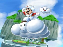  1boy absurdres big_nose black_eyes black_facial_hair blue_eyes blue_sky boots brown_boots brown_hair buttons cloud_mario clouds commentary_request day facial_hair floating_island fluffy_bluff_galaxy_(mario) gloves gold_buttons grass hand_on_own_forehead hat highres long_sleeves male_focus mario mario_dragon mismatched_facial_hair mountain mustache nose official_alternate_costume open_mouth outdoors overalls red_shirt shirt short_hair sky smile solo standing super_mario_bros. super_mario_galaxy_2 tree twitter_username white_gloves white_hat white_overalls 
