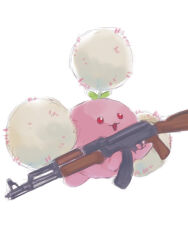  :3 ak-47 animal_focus assault_rifle bad_id bad_pixiv_id butter_(oshi8kyoumoh) commentary_request full_body gun hands_up happy holding holding_gun holding_weapon jumpluff kalashnikov_rifle looking_afar no_humans open_mouth pokemon pokemon_(creature) red_eyes rifle simple_background sketch smile solo weapon white_background 