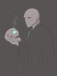  1boy absurdres bald closed_mouth commentary fingernails harry_potter highres holding holding_skull kagari_hp long_fingernails male_focus red_eyes simple_background skull spot_color upper_body voldemort 