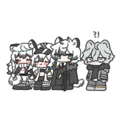 !? 2boys 2girls animal_ears arknights bear_boy bear_ears black_cape black_gloves black_jacket black_necktie black_pants black_shirt black_shoes blue_eyes blush brother_and_sister cane cape chibi chickenuma_0 cliffheart_(arknights) closed_eyes commentary_request dress fur-trimmed_cape fur_trim gloves grey_eyes grey_hair grey_jacket hair_between_eyes hat head_chain highres holding holding_cane holding_hands jacket jaye_(arknights) jewelry long_hair multiple_boys multiple_girls necktie odd_one_out open_clothes open_jacket pants pramanix_(arknights) shirt shoes short_hair siblings silverash_(arknights) simple_background sisters snow_leopard_boy snow_leopard_ears snow_leopard_girl snow_leopard_tail tail white_background white_dress white_hair white_hat white_shirt 