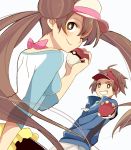 1girl bad_id bow brown_eyes brown_hair double_bun female_protagonist_(pokemon_bw2) grin holding holding_poke_ball kyouhei_(pokemon) long_hair male_protagonist_(pokemon_bw2) mei_(pokemon) pantyhose poke_ball pokemon pokemon_(game) pokemon_bw2 raglan_sleeves simple_background skirt smile swimsuit swimsuit_under_clothes twintails visor visor_cap white_background wink yamada_(onigori105) 