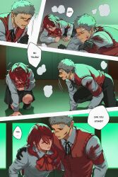  1boy 1girl arm_support armband bandaid bandaid_on_face bandaid_on_forehead battle_damage black_boots black_gloves black_pants black_ribbon black_skirt blood blood_on_clothes boots bow bowtie breath bruise bruise_on_face bruise_on_knee bruise_on_leg drill_hair drill_sidelocks english_commentary english_text gekkoukan_high_school_uniform gloves green_sky grey_hair hand_on_another's_shoulder helping highres injury kirijou_mitsuru long_hair long_sleeves looking_at_another lying motion_lines neck_ribbon on_one_knee on_stomach one_eye_closed open_mouth pants parted_lips persona persona_3 red_armband red_bow red_bowtie red_hair red_sweater_vest ribbon s.e.e.s sanada_akihiko school_uniform shirt short_hair sidelocks skirt sky soc_nau speech_bubble sweatdrop sweater_vest white_shirt window 