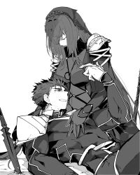  1boy 1girl armor bodysuit breasts cu_chulainn_(fate) fate/grand_order fate_(series) gae_bolg_(fate) highres large_breasts long_hair lying_on_person mifts09 polearm scathach_(fate) shoulder_armor spear spiky_hair teacher_and_student toned toned_male weapon 