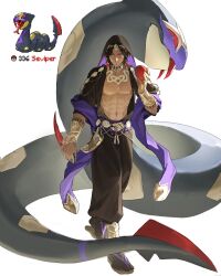  1boy abs absurdres black_hair black_pants black_shirt black_vest commentary creature_and_personification dagger earrings highres holding holding_dagger holding_knife holding_poke_ball holding_weapon jewelry knife looking_at_viewer open_clothes open_shirt pants personification poke_ball poke_ball_(basic) pokemon pokemon_(creature) red_eyes reference_inset seviper shirt umber vest weapon 