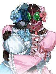  2boys blue_dress blue_helmet choo_choo_(chiakilnwza007) crossdressing dress green_eyes helmet highres hug kamen_rider kamen_rider_dcd kamen_rider_decade kamen_rider_diend multiple_boys pink_dress pink_helmet simple_background tokusatsu upper_body white_background 