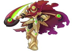  1boy absurdres armor armored_boots black_gloves boots brown_armor brown_helmet cloak commentary commission english_commentary faulds full_armor gloves helmet highres holding holding_behind_back holding_scythe holding_weapon_behind_back knight legs_apart mega_man_(series) mega_man_x_(series) parody red_cloak redesign scythe shovel_knight simple_background solo specter_knight standing standing_on_one_leg style_parody ultimatemaverickx vambraces visor_(armor) white_background 