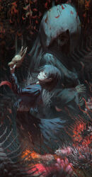  absurdres black_hair black_serafuku blood blood_on_face commentary_request dual_persona fox_hinako fox_mask highres holding holding_mask japanese_clothes kimono mask mismatched_arms monster_arm petals sailor_collar school_uniform serafuku shimizu_hinako shiromuku shiromuku_(silent_hill) short_hair silent_hill_(series) silent_hill_f skirt spoilers suikagcy torn_clothes uchikake 