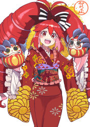  1girl absurdres ahoge blush blush_stickers commentary_request drill_hair highres japanese_clothes kimono long_hair looking_at_viewer micha_jawkan open_mouth pikumin64 red_eyes red_hair senki_zesshou_symphogear sharp_teeth smile solo teeth twintails 