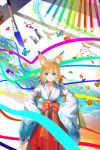  animal_ears bad_id blonde_hair colored_pencil detached_sleeves drawing eraser facepaint fox_ears green_eyes hands_on_hips hullabaloo japanese_clothes leaf maple_leaf original paint paintbrush pencil solo twintails 