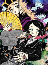  2boys :d asymmetrical_bangs black_hair black_hat black_jacket blonde_hair brown_eyes buttons clothing_request colored_tips commentary_request cowboy_shot demon_boy douma_(kimetsu_no_yaiba) enmu_(kimetsu_no_yaiba) facial_mark fangs finger_tattoo fingernails flower flower_request grey_pants hair_between_eyes hand_fan hat holding holding_fan jacket kanji_tattoo kimetsu_no_yaiba lo_1101 long_fingernails long_hair long_hair_between_eyes long_sleeves looking_at_viewer lying male_focus medium_hair misplaced_mouth multicolored_hair multiple_boys on_back open_mouth pants pinstripe_pants pinstripe_pattern purple_nails smile smoke suit_jacket symbol-shaped_pupils tareme tattoo tears_facial_mark teeth toy_train trap undershirt variant_set veins veiny_hands white_flower 