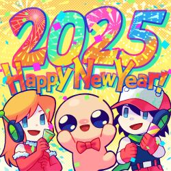  1girl 2025 2boys :d android artist_request bald bare_shoulders baseball_cap belt belt_buckle black_belt black_eyes black_hair black_shirt blonde_hair bow bowtie buckle cave_story colored_skin confetti curly_brace dated dot_nose dress elbow_gloves english_commentary fireworks fur-trimmed_dress fur-trimmed_gloves fur_trim gloves green_scarf halftone halftone_background happy_new_year hat highres holding holding_party_popper isaac_(the_binding_of_isaac) long_hair looking_at_viewer medium_hair multiple_boys no_sclera official_art open_mouth pants party_popper quote_(cave_story) rectangular_eyes red_bow red_bowtie red_dress red_gloves red_hat red_pants robot_ears santa_costume santa_dress scarf second-party_source shirt sidelocks sleeveless sleeveless_shirt smile straight_hair the_binding_of_isaac tongue upper_body white_skin yellow_background 