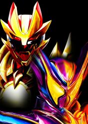  2boys 4ze_meteor armor black_background commentary crossover gozyuwolf helmet kamen_rider kamen_rider_gavv kamen_rider_gavv_(series) male_focus multiple_boys no.1_sentai_gozyuger purple_helmet red_armor red_helmet simple_background super_sentai upper_body wild_gozyuwolf yellow_eyes 