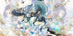  1girl absurdres aqua_dress aqua_hanfu bird black_hair blue_coat blue_flower blue_hanfu blue_umbrella blurry blurry_background chinese_clothes chinese_commentary chinese_text closed_mouth coat curtained_hair daxiushan dress facial_mark falling_petals flower forehead_mark full_body hair_ornament hair_stick hanfu hezi highres holding holding_umbrella hua_yi_shanxin_zhiyue huadian knees_up leaf long_hair looking_at_animal looking_to_the_side luludeer386 multiple_views oil-paper_umbrella open_clothes open_coat outstretched_arm petals purple_flower qixiong_ruqun red_lips seal_impression sidelocks sidelocks_tied_back smile smoke solo swallow_(bird) umbrella umbrella_over_shoulder very_long_hair wavy_hair wei_yang white_background wide_sleeves wisteria yellow_eyes 