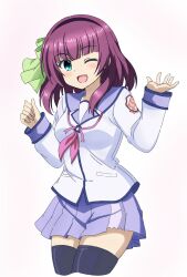  1girl ;d angel_beats! aqua_eyes black_hairband black_thighhighs blue_skirt blunt_bangs blush bow clenched_hand commentary cowboy_shot cropped_legs green_bow hair_bow hairband hands_up happy highres looking_at_viewer medium_hair miniskirt nakamura_yuri neckerchief one_eye_closed open_mouth pink_neckerchief pleated_skirt purple_hair shinda_sekai_sensen_uniform shirt simple_background skirt sleeves_past_wrists smile solo straight_hair thigh-highs warm_sheep white_background white_shirt zettai_ryouiki 