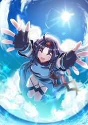  1girl :d ^_^ absurdres ahoge angel_wings armor blue_sky boots breastplate breasts closed_eyes clouds cloudy_sky commentary_request day detached_sleeves falling falling_feathers feathered_wings feathermage feathers fingerless_gloves fisheye full_body gloves headband highres leotard long_hair long_skirt long_sleeves messy_hair ocean open_mouth outdoors outstretched_arms pointy_ears purple_boots purple_gloves purple_hair purple_leotard purple_skirt purple_sleeves red_headband signature skirt sky small_breasts smile solo sparkle sun sword_art_online thigh_boots watermark white_wings wings yuuki_(sao) 