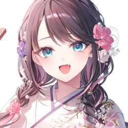  1girl black_hair blue_eyes braid cropped fang flower hair_flower hair_ornament hashtag-only_commentary japanese_clothes kaga_nazuna kimono long_hair looking_at_viewer lowres mole mole_under_eye multicolored_hair official_art open_mouth pink_hair second-party_source simple_background smile solo streaked_hair toosaka_asagi twin_braids upper_body virtual_youtuber vspo! white_background 