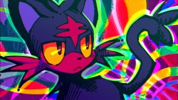  abstract_background absurdres black_fur cat highres litten looking_at_viewer looking_to_the_side no_humans pokemon pokemon_(creature) red_fur sodabytes solo tail two-tone_fur 