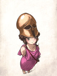 1girl ancient_greek_clothes arms_behind_back baldric blush brown_eyes brown_hair chiton corinthian_helmet curly_hair greco-roman_clothes helmet highres hoplitissa_(ironlily) ironlily looking_to_the_side medium_hair original simple_background smile sword tiptoes weapon 