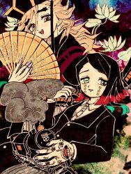  2boys :d asymmetrical_bangs black_hair black_hat black_jacket blonde_hair brown_eyes buttons clothing_request colored_tips commentary_request cowboy_shot demon_boy douma_(kimetsu_no_yaiba) enmu_(kimetsu_no_yaiba) facial_mark fangs finger_tattoo fingernails flower flower_request grey_pants hair_between_eyes hand_fan hat holding holding_fan jacket kanji_tattoo kimetsu_no_yaiba lo_1101 long_fingernails long_hair long_hair_between_eyes long_sleeves looking_at_viewer lying male_focus medium_hair misplaced_mouth multicolored_hair multiple_boys on_back open_mouth pants pinstripe_pants pinstripe_pattern purple_nails smile smoke suit_jacket symbol-shaped_pupils tareme tattoo tears_facial_mark teeth toy_train trap undershirt variant_set veins veiny_hands white_flower 