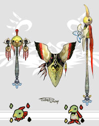  absurdres bird commentary_request dated dreamcatcher eye_print feathered_wings feathers grey_background highres multiple_weapons no_humans pokemon pokemon_(creature) pokemon_focus polearm shield spear sukepmonster translation_request weapon weapon_focus weapon_request wings xatu 