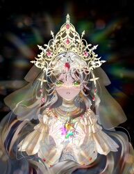  1girl absurdres beads behind_prayers_(infinity_nikki) black_background chinese_commentary circlet commentary_request cross cross-shaped_pupils crown dated dot_nose dress earrings eyelashes forehead_jewel frilled_sleeves frills gem glowing gold_crown gold_earrings gold_necklace green_eyes hexagram highres infinity_nikki jewelry lace-trimmed_sleeves lace_trim layered_sleeves long_sleeves necklace nikki_(series) no_gloves object_floating_above_hand open_mouth qinyi49693 red_gem see-through_clothes see-through_veil short_over_long_sleeves short_sleeves signature simple_background sleeves_past_wrists solo straight-on symbol-shaped_pupils teeth upper_body upper_teeth_only veil yellow_dress yellow_veil 