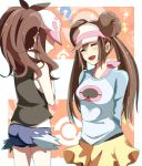  ? bare_shoulders baseball_cap breast_envy breasts brown_hair closed_eyes double_bun eyes_closed female_protagonist_(pokemon_bw2) hat long_hair mei_(pokemon) multiple_girls pantyhose pokemon pokemon_(game) pokemon_bw pokemon_bw2 ponytail raglan_sleeves shorts siromiso23 skirt smile touko_(pokemon) twintails vest visor_cap 