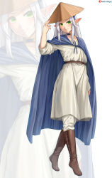  1girl absurdres artist_name belt blue_cape blue_cloak boots cape capelet choker cloak closed_mouth commission commissioner_upload dress elf flat_chest full_body green_eyes hand_on_headwear hat highres knee_boots long_hair looking_at_viewer lori_hagami official_art pants pants_tucked_in patreon_logo patreon_username pointy_ears rice_hat simple_background smile solo standing straw_hat taael_myrthnddare username ways_of_darkness_(series) web_address white_background white_hair white_pants zoom_layer 