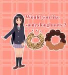  1girl akiyama_mio alternate_hairstyle black_eyes black_hair breasts doughnut hime_cut k-on! long_hair school_uniform solo uniform 