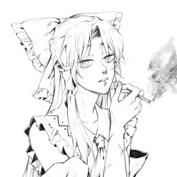  1girl aihara-rina ascot bow chinese_commentary cigarette commentary_request detached_sleeves face_piercing frilled_bow frilled_hair_tubes frills greyscale hair_bow hair_tubes hakurei_reimu highres holding holding_cigarette lip_piercing long_hair looking_at_viewer monochrome nose_piercing piercing scar scar_on_arm smoking solo touhou upper_body 