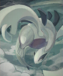  above_clouds absurdres black_eyes closed_mouth clouds commentary fang flying highres looking_to_the_side lugia no_humans pokemon pokemon_(creature) pokemon_focus skin_fang solo yj0i0 