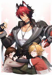  1girl 2boys a-cing_(zenless_zone_zero) a-yuet_(zenless_zone_zero) absurdres animal_ears armband bandaged_arm bandages black_choker black_gloves black_hair black_jacket blonde_hair braid brown_hair choker closed_eyes collared_jacket dog_boy dog_ears dog_tail fingerless_gloves flying_sweatdrops gloves grin highres hug jacket jewelry komano_manato konsai_2 layered_sleeves long_sleeves multicolored_hair multiple_boys multiple_scars muscular muscular_male necklace red_armband red_bandage red_eyes red_hair red_shirt scar scar_across_eye scar_on_chest scar_on_face shirt short_over_long_sleeves short_sleeves shoulder_spikes smile spiked_jacket spikes sweat tail torso_grab two-tone_hair watermark white_shirt zenless_zone_zero 