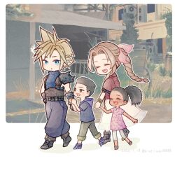  2boys 2girls aerith_gainsborough armor baggy_pants bandaged_arm bandages bangle belt black_boots black_hair blonde_hair blue_eyes blue_shirt bluelimbo8888 boots border bracelet braid braided_ponytail brown_eyes brown_gloves brown_hair chibi chibi_only child closed_eyes cloud_strife curly_hair dark-skinned_female dark_skin dated dress earrings final_fantasy final_fantasy_vii final_fantasy_vii_remake full_body gloves grey_pants hair_ribbon holding_hands hood hoodie jacket jewelry laughing long_dress long_hair looking_at_another multiple_belts multiple_boys multiple_girls open_mouth pants pants_rolled_up parted_bangs parted_lips pauldrons pink_dress pink_ribbon pink_shirt ponytail purple_hoodie purple_pants red_jacket ribbon shirt short_hair short_sleeves shoulder_armor sidelocks single_bare_shoulder single_braid single_earring single_pauldron slums smile spiky_hair suspenders twitter_username very_short_hair walking white_border white_pants 