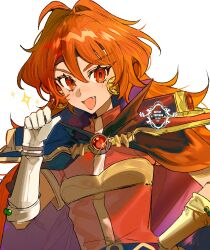  1girl absurdres black_cape brown_eyes brown_hair cape dress fang highres lina_inverse pointing_with_thumb red_dress simple_background slayers smile solo sparkle upper_body watermark white_background yun-yang 