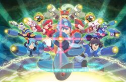  6+boys absurdres android anniversary arm_cannon armor blue_armor blue_eyes blue_helmet commentary dual_wielding english_commentary everyone forehead_jewel full_body geo_stelar_(mega_man) green_eyes gun helmet highres holding holding_gun holding_weapon leg_up male_focus mega_man_(character) mega_man_(classic) mega_man_(pachislot_rockman_ability) mega_man_(series) mega_man_battle_network_(series) mega_man_legends_(series) mega_man_star_force_(series) mega_man_volnutt mega_man_x_(series) mega_man_zero_(series) mega_man_zx mega_man_zx_advent megaman.exe met_(mega_man) model_a_(mega_man) model_zx_(mega_man) multiple_boys netnavi omega-xis_(mega_man) open_mouth over-1_(mega_man) pachislot_rockman_ability red_armor red_helmet robot rockman_xover star_force_mega_man ultimatemaverickx weapon x_(mega_man) zero(z)_(mega_man) zero_(mega_man) 