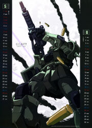  2022 absurdres battle cable calendar_(medium) dated english_text firing gun gundam highres machine_gun machinery mecha mecha_focus mobile_suit mobile_suit_gundam no_humans one-eyed robot scan science_fiction shell_casing shield shoulder_spikes smoke spikes suzuki_takuya traditional_media weapon zaku_ii zaku_ii_f-type zeon 