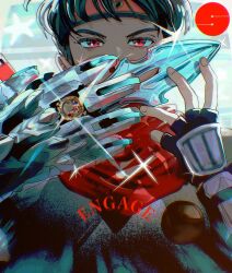  1boy black_gloves black_hair commentary_request english_text fingerless_gloves forehead_protector gloves highres kaede_1402 male_focus ninja ninja_red ninja_sentai_kakuranger no.1_sentai_gozyuger red_eyes red_scarf sasuke_(kakuranger) scarf sentai_ring short_hair solo super_sentai tega_sword upper_body 