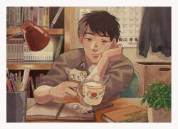  1boy :/ animal black_shirt book bookshelf border box brown_eyes brown_hair calendar_(object) cat chair closed_mouth coffee_mug commentary crew_neck cup desk desk_lamp elbow_on_table english_commentary eraser film_grain grey_shirt head_rest heavy_film_grain holding holding_cup lamp male_focus milk mug multicolored_cat notebook original parted_hair pencil plant potted_plant scissors shirt short_hair sirokomamaru sitting solo steam uneven_eyes unworn_clothes utensil white_border yellow_eyes 