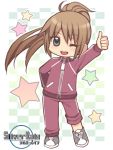  brown_hair checkered checkered_background chibi jersey kurarin long_hair looking_at_viewer lowres open_mouth ponytail shimozuki_kaname silver_rain sleeves_rolled_up smile standing star thumbs_up title_drop track_suit wink zipper 