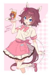  2girls animal_ears apron blue_eyes blush bow breasts brown_hair collared_shirt commentary_request cup detached_sleeves ear_covers flower hair_between_eyes hair_flower hair_ornament holding holding_tray horse_ears horse_girl horse_tail ice ice_cube koruri looking_at_viewer medium_hair multiple_girls open_mouth pink_apron pink_bow pink_sleeves sakura_chiyono_o_(hinoshita_kaisan_hana_akari)_(umamusume) sakura_chiyono_o_(umamusume) shirt shoes short_sleeves skirt smile socks tail tray umamusume waist_apron waitress white_shirt white_skirt white_socks 
