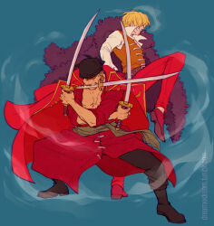  2boys bandana black_bandana blonde_hair blue_background boots cigarette commentary dreamxxdream earrings english_commentary facial_hair full_body goatee holding holding_sword holding_weapon japanese_clothes jewelry kimono male_focus multiple_boys one_piece one_piece_film:_z red_kimono red_suit roronoa_zoro sanji_(one_piece) scar scar_across_eye scar_on_face simple_background smile smoke suit sword vest weapon weapon_in_mouth 