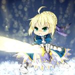  :o ahoge armor armored_dress blonde_hair chibi dress excalibur fate/zero fate_(series) gauntlets glowing glowing_sword glowing_weapon green_eyes hair_ribbon light_particles ribbon saber solo sword wabi_(wbsk) weapon 