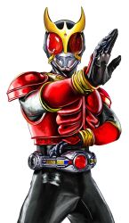  1boy 4ze_meteor absurdres armor black_bodysuit black_helmet bodysuit commentary cowboy_shot helmet henshin_pose highres horns kamen_rider kamen_rider_kuuga kamen_rider_kuuga_(series) male_focus red_armor red_eyes rider_belt solo symbol-only_commentary tokusatsu 