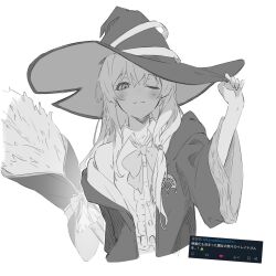  1girl blush broom center_frills closed_mouth commentary elaina_(majo_no_tabitabi) frills greyscale hat highres kanade_(kanade_3344) long_hair majo_no_tabitabi monochrome one_eye_closed request_inset simple_background solo twitter white_background witch_hat 