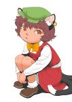  :&lt; animal_ears bow cat_ears cat_tail chen child earrings hat jewelry leg_hug multiple_tails onikobe_rin sitting solo tail touhou white_background 