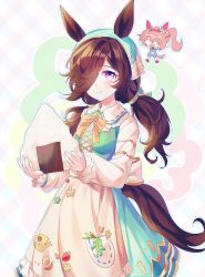  2girls absurdres animal_ears apron blue_overalls blush bow breasts brown_hair camellia_(camel_mal) closed_eyes closed_mouth dress ear_bow ear_covers food green_dress hair_over_one_eye hairband haru_urara_(casual)_(umamusume) haru_urara_(umamusume) headband highres horse_ears horse_girl horse_tail long_hair long_sleeves looking_at_viewer low_twintails multiple_girls official_alternate_costume onigiri open_mouth overall_shorts overalls pink_hair pink_headband ponytail puritan_collar red_headband rice_shower_(umamusume) rice_shower_(yummy_dreamy_fairy)_(umamusume) shirt short_sleeves small_breasts smile tail twintails umamusume violet_eyes white_apron yellow_bow 