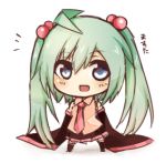 :d aqua_hair bare_shoulders blue_eyes chibi detached_sleeves fang hair_bobbles hair_ornament hatsune_miku long_hair lowres necktie open_mouth petite_miku skirt smile solo standing tosura-ayato translated translation_request twintails vocaloid 
