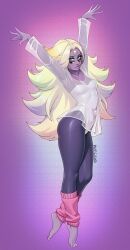  1girl adelheid_(moschiola) arms_up artist_name barefoot black_eyes blonde_hair blue_eyes clothing_cutout collarbone colored_skin commentary curtained_hair english_commentary extra_eyes flipped_hair forehead_jewel full_body gem_(steven_universe) highres leg_warmers leggings leotard long_hair looking_at_viewer navel_cutout pink_leg_warmers purple_background purple_leggings purple_lips purple_skin rainbow_quartz see-through_clothes solo steven_universe stomach_jewel tiptoes very_long_hair white_leotard white_nails 