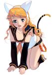  all_fours alternate_hair_length alternate_hairstyle animal_ears bad_id blonde_hair blue_eyes blush detached_sleeves fake_animal_ears fang hair_ornament hairclip kagamine_rin long_hair masao neckerchief open_mouth short_shorts shorts simple_background solo tail vocaloid white_background 