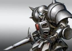  blue_eyes commentary_request crossbone_vanguard den'an_zon emblem f91_gundam glowing glowing_eyes gradient_background gundam gundam_f91 holding holding_polearm holding_weapon lance machinery mecha mecha_focus no_humans polearm robot science_fiction shoulder_spikes signature spikes weapon youkoumori 